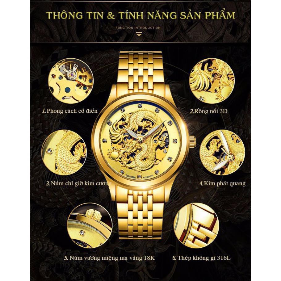 ĐỒNG HỒ NAM TEVISE RỒNG VÀNG, Đồng hồ cơ nam mặt rồng vàng cao cấp  dây kim loại kiểu khóa bấm không gỉ FERADO