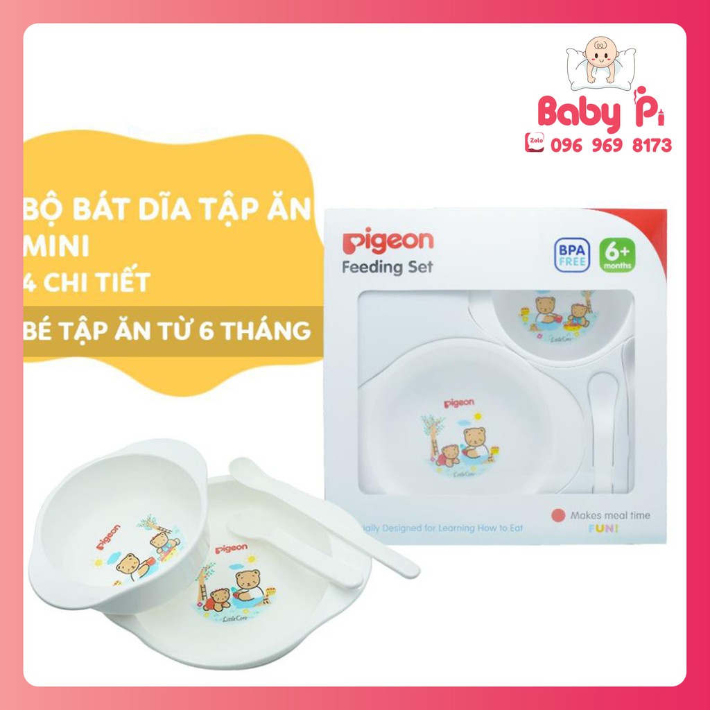 Bộ bát thìa (muỗng), đĩa tập ăn Pigeon Cao Cấp cho bé từ 6 tháng tuổi