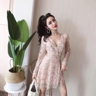 [SALE SIÊU RẺ xả lỗ - Có sẵn] Váy voan kim tuyến kim sa màu da nude lấp lánh bling bling siêu xinh dự tiệc