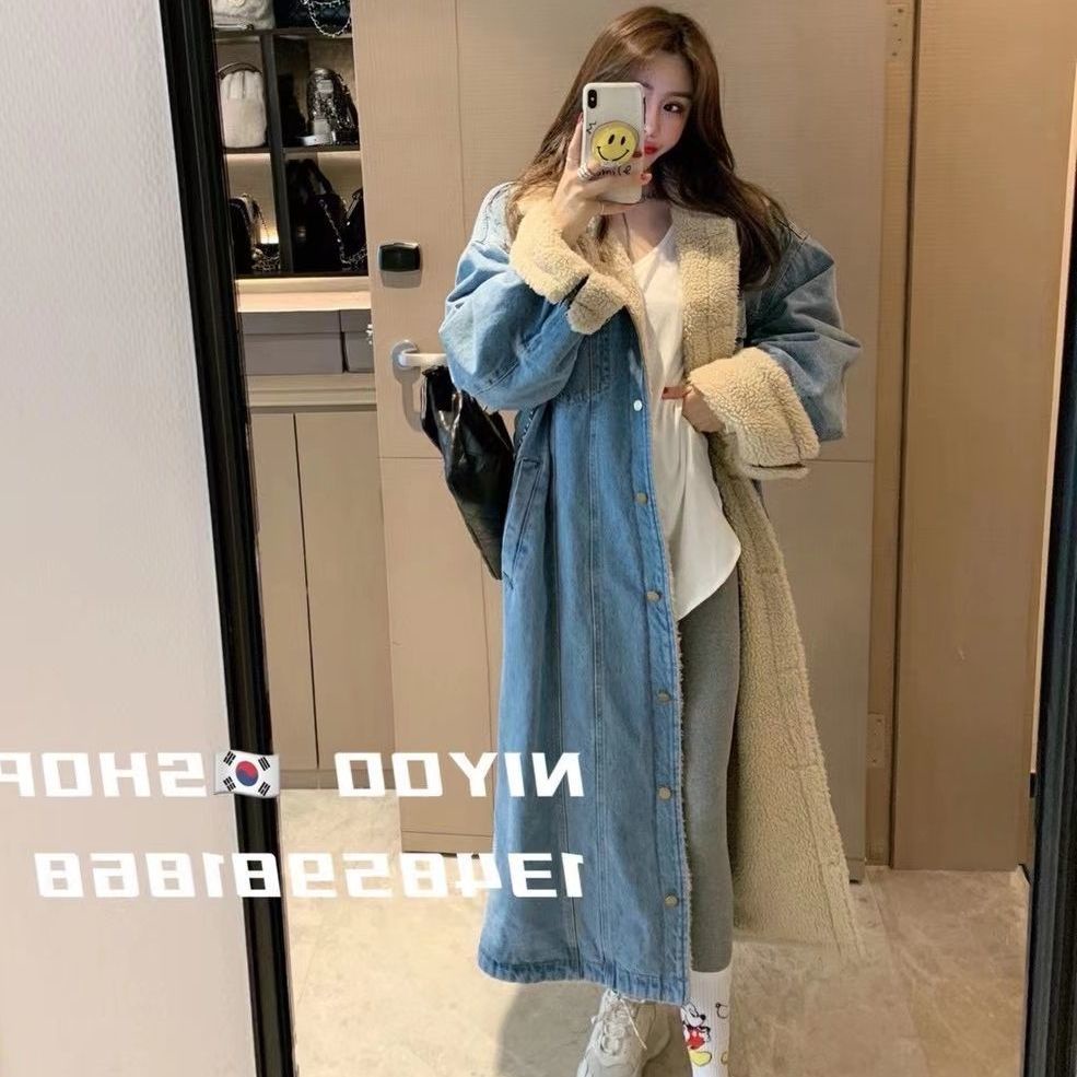 Áo Khoác Denim Lót Lông Cừu Dày Dặn Dáng Rộng Dài Qua Gối Phong Cách Hàn Quốc Thời Trang Mùa Đông Mới Cho Nữ