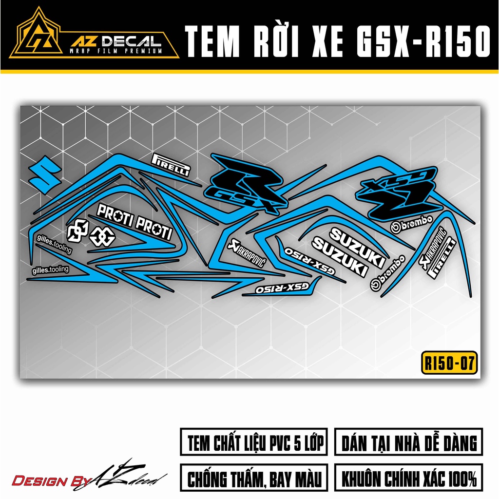 Tem Rời Dán Xe GSX R150 | GSX R150-07 | Decal Chỉ Chống Nước, Cắt Rời Dễ Dán Áp Dụng Xe Sơn Đỏ, Xanh, Đen, Trắng