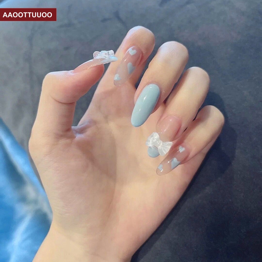 Bộ 24 Móng Tay Giả Đầu Tròn Đính Nơ Có Thể Tháo Rời Kèm Keo Dán Tiện Dụng