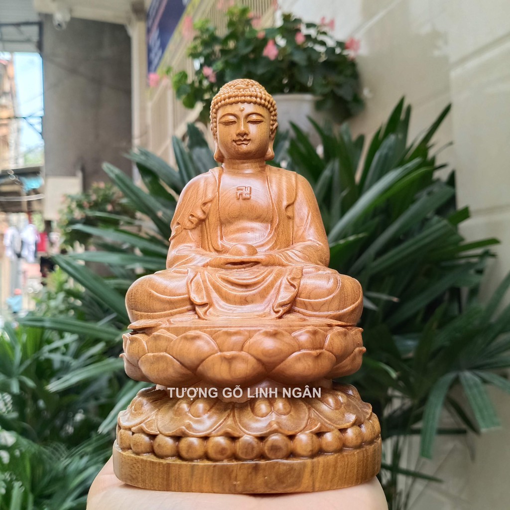 Tượng phật a di đà bằng gỗ thơm cao 15 cm