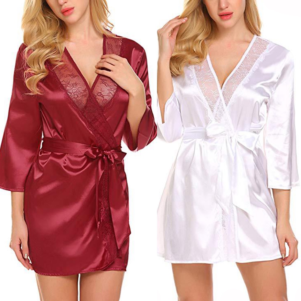 [GN] Áo Choàng Ngủ Kimono Bằng Satin Phối Ren Màu Trơn Gợi Cảm Cho Nữ