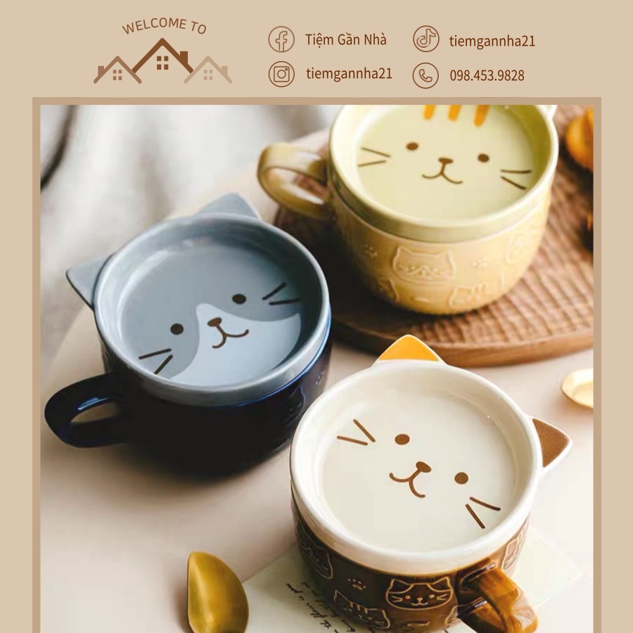 Cốc sứ hình mèo siêu dễ thương TẶNG kèm nắp đĩa tiện dụng