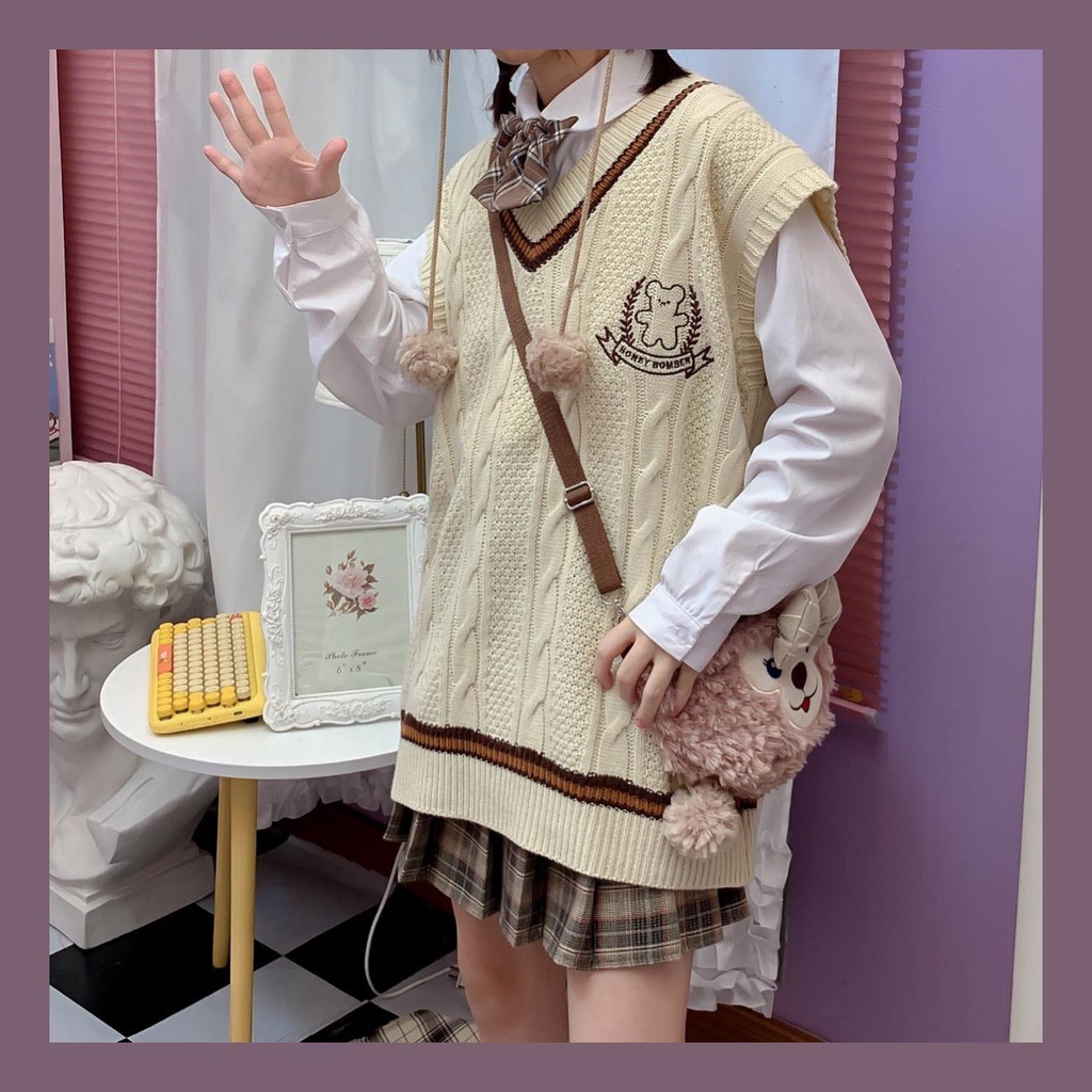 Set Áo Sơ Mi + Áo Len Không Tay Dáng Rộng Họa Tiết One Piece Thời Trang Xuân Thu