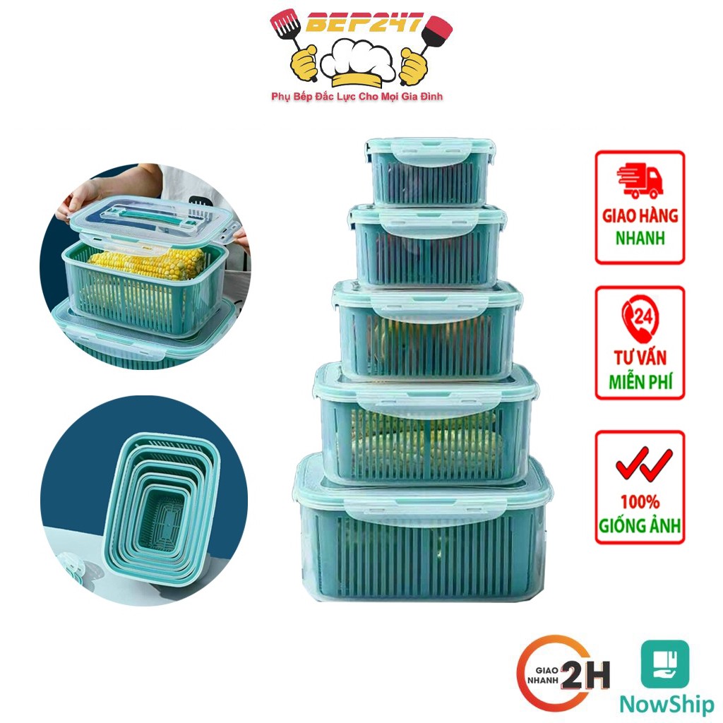 Sét 5 Hộp Đựng Thực Phẩm Có Nắp Đậy Cao Cấp - Khay Nhựa Để Tủ Lạnh Kèm Rổ Ráo Nước Bảo Quản Thức Ăn Tiện Dụng có sẵn