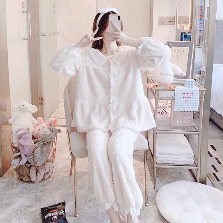 Bộ đồ mặc nhà thu đông nữ, bộ ngủ nữ lông phối viền màu trắng điệu đà chất đẹp, thoáng hút mồ hôi