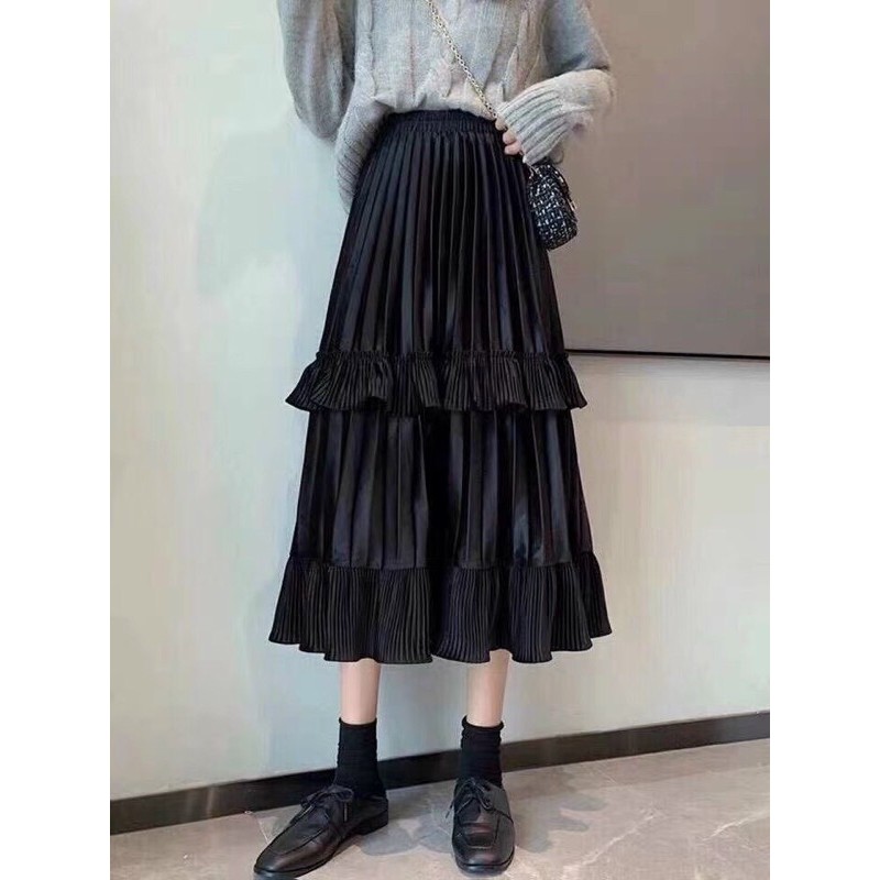 Chân váy nhung tuyết 2 tầng xoè dáng dài midi QC siêu xinhh