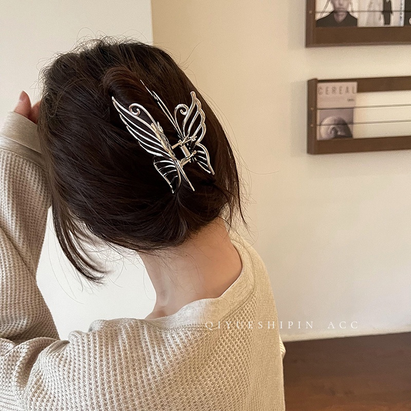 Kẹp Tóc Kim Loại Màu Bạc Hình Bướm Lưng Phong Cách Hàn Quốc