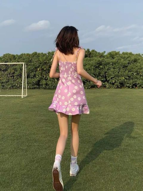 Đầm tím 2 dây hoa cúc rã ngực nhún thun