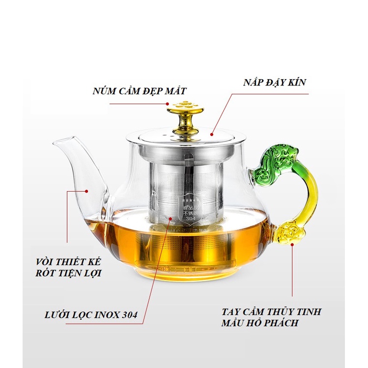 Ấm, Bình Thủy Tinh Pha Trà Có Lưới Lọc Inox 304 Dung Tích 450 ml