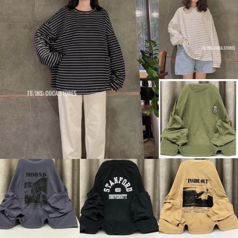 Áo Thun Kẻ Oversize Và Hình , Chữ Mẫu Mới Tay Dài 2022 (Áo Thun Unisex Form Rộng) (ảnh thật