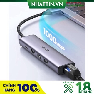 ( Cao Cấp ) Hub chuyển đổi 5 in 1 USB Type-A ra Lan 1000Mbps Kèm HUB 3 Cổng USB 3.0 Ugreen 60554 (cấp nguồn Type-C)