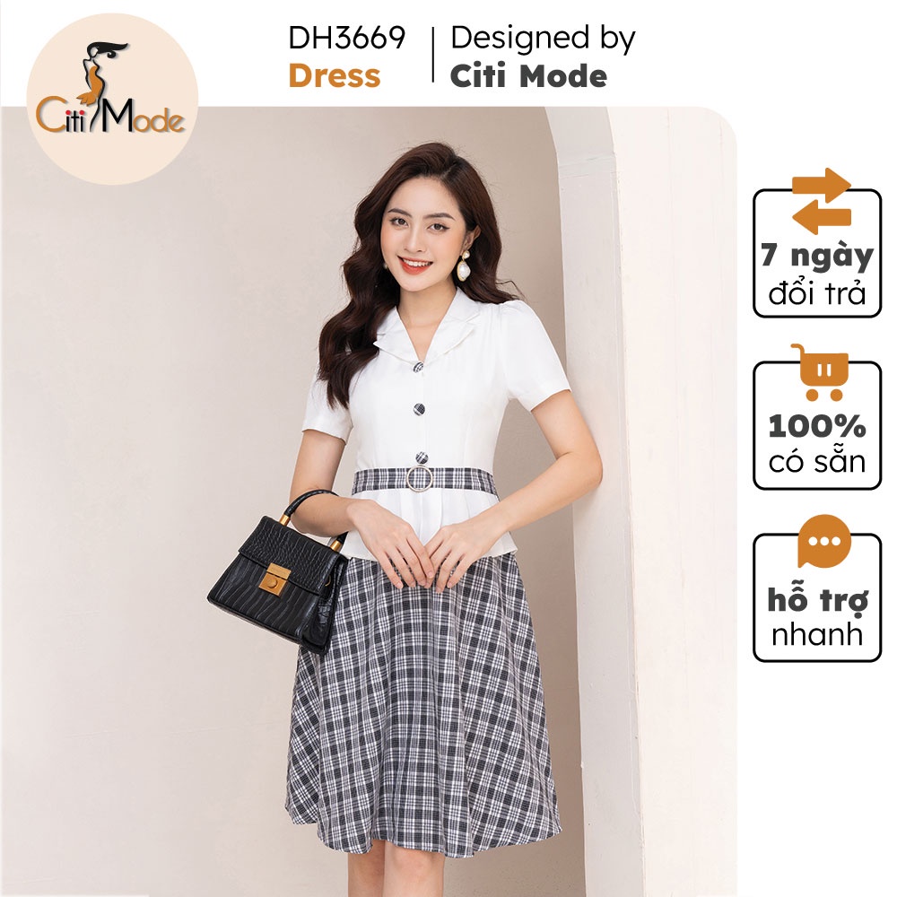 Đầm xoè peplum phối chân váy kẻ DH3669