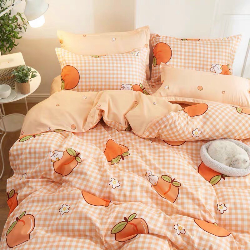 Bộ chăn ga gối Cotton poly M2T bedding, vỏ chăn mền, drap ga giường và 2 vỏ gối - PL Đào cam kẻ