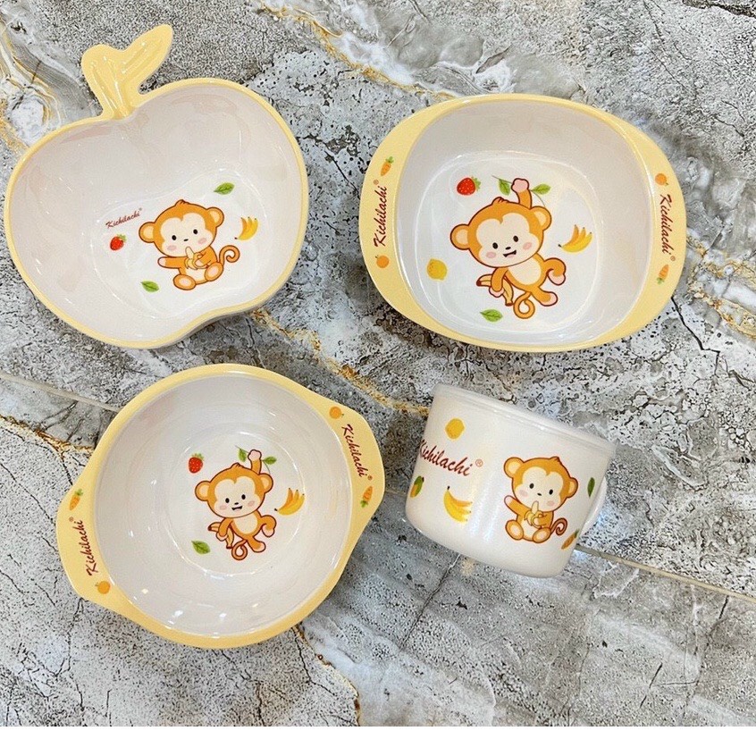 Bát + Cốc + Thìa ăn dặm Kichilachi bằng nhựa phíp chính hãng cho bé