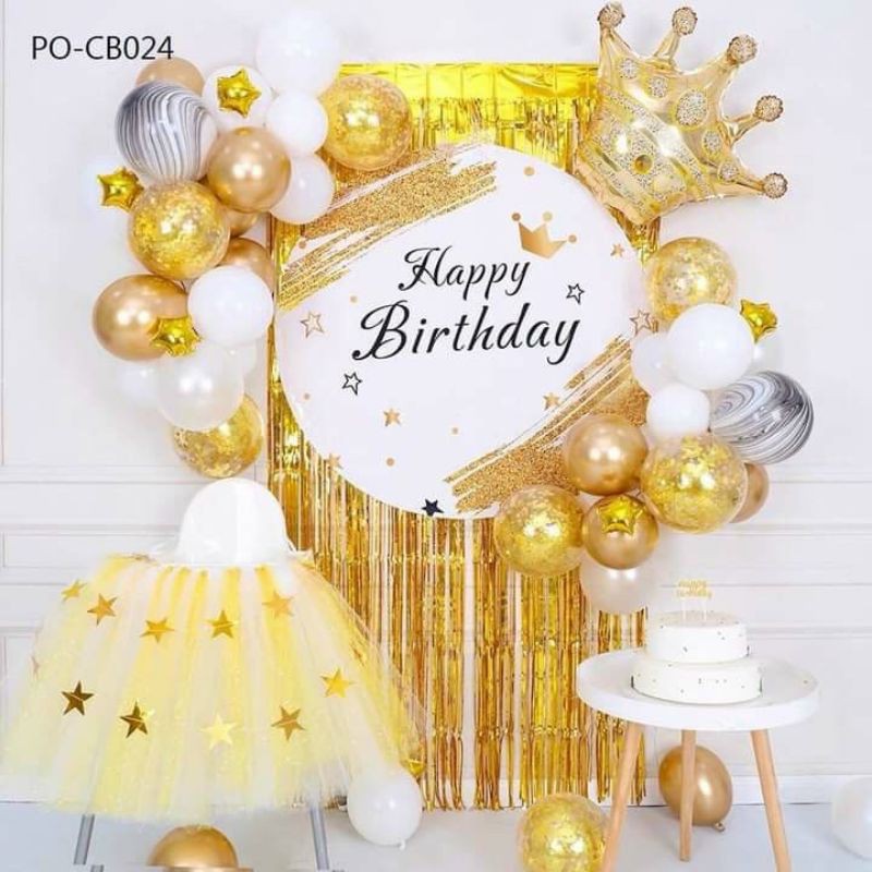 ( KÈM BACKDROP ) SET BÓNG SINH NHẬT TÔNG VÀNG ÁNH KIM SANG CHẢNH