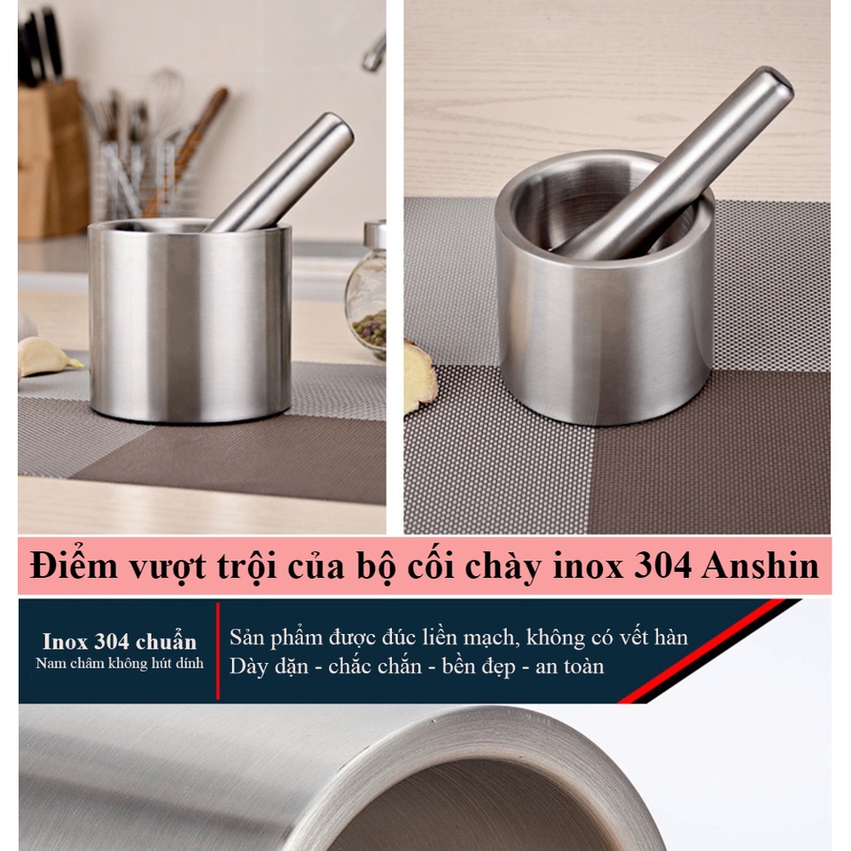 [Hàng có sẵn tại TPHCM ]Bộ cối chày inox 304 Anshin - trọn đời không han gỉ - bảo vệ sức khỏe cho người sử dụng