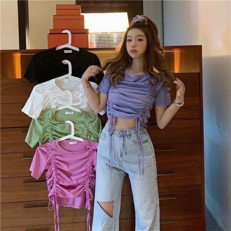 Áo croptop dây rút cổ vuông chất mịn đẹp