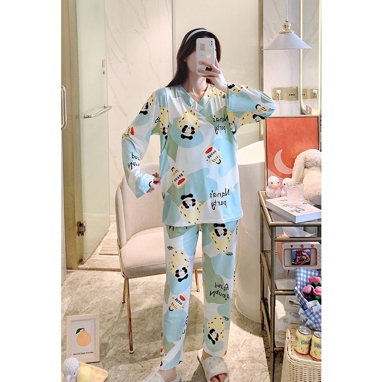Bộ mặc nhà, bộ ngủ bầu và sau sinh chất thun sữa cao cấp  cổ tim họa tiết dễ thương BD940