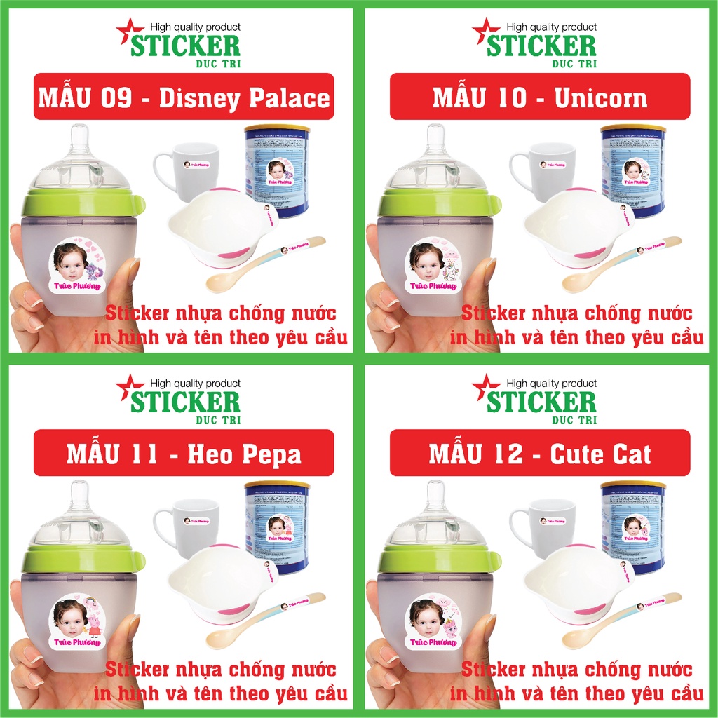 Sticker Tên và ảnh Bé cute dán bình sữa, thìa, bát ăn dặm