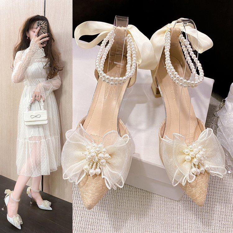 Giày Cao Gót Đính Ngọc Trai Và Nơ Màu Trắng Thiết Kế Mới Thời Trang