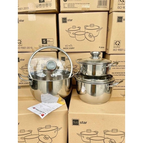 Bộ Nồi Bếp Từ 3 Nồi Inox Nắp Kính Dày 3 Đáy FiveStar Inox 430 Đáy Từ - Siêu Dày Dặn Và Sang Trọng