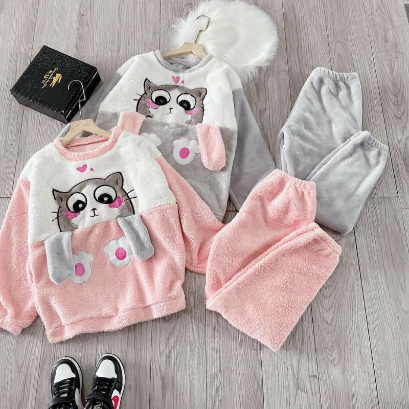 Bộ ngủ mùa đông bộ mặc nhà lông mèo dễ thương lông dày mặc ấm lên dáng xinh | BigBuy360 - bigbuy360.vn