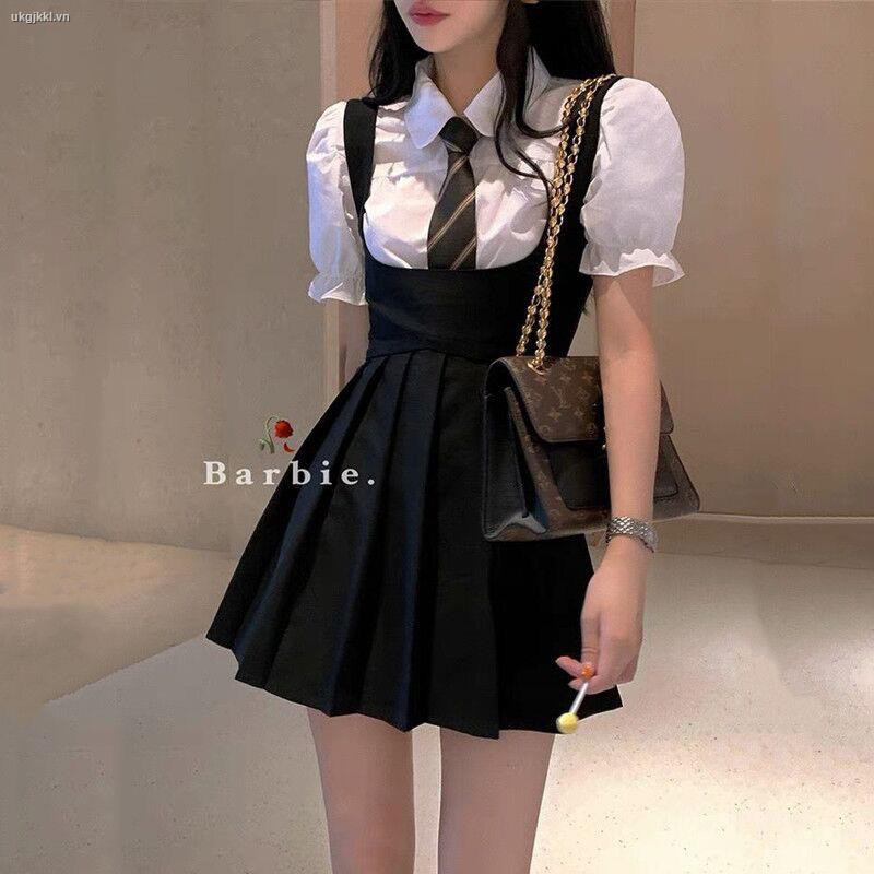 ◐Little black dress strap dress female summer hot girl jk uniform sling pleated skirt + puff sleeve shirt two-piece suit