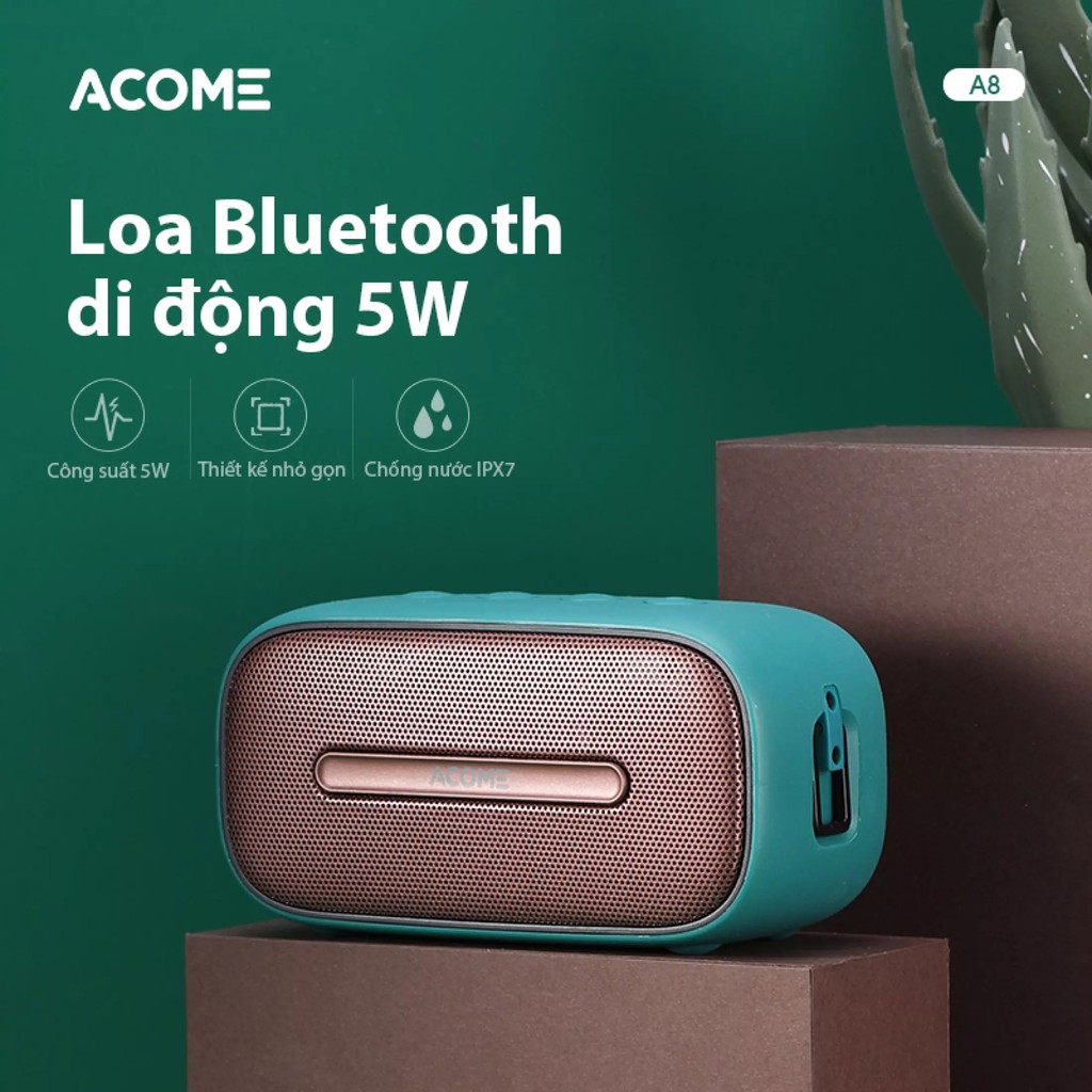 Acome A8 Loa Bluetooth Công Suất 5W Nhỏ Gọn Tiện Lợi Âm Thanh Cực Lớn Bluetooth 5.0 Chống Nước IPX7 Hàng Chính Hãng