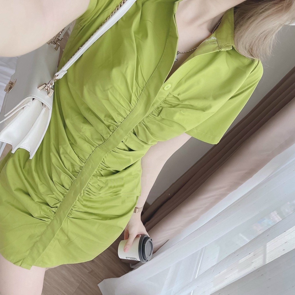 Váy suông sơ mi cộc tay may dúm phối khuy - Đầm trơn công sở tay lỡ cổ bẻ, kiểu dáng đơn giản, vintage Ulzzang hàn quốc