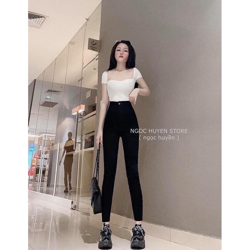 Quần bò trơn không túi ôm cạp cao , Quần Jean Nữ Ôm Trơn Cạp Cao