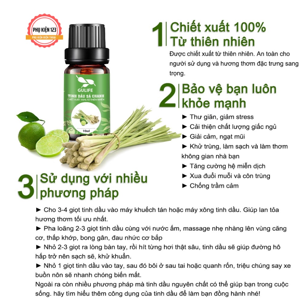 Tinh dầu sả chanh chiết xuất từ thiên nhiên GULIFE - giảm căng thằng thơm phòng và thư giãn