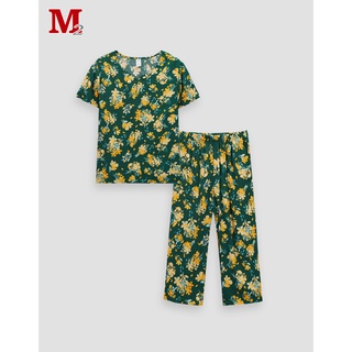 Bộ lanh nữ họa tiết hoa quần lửng và áo cộc tay cổ tim LB21.2113 Thời trang M2