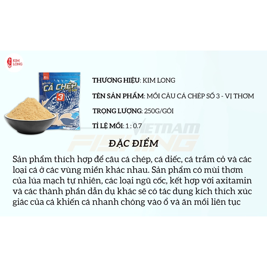 Mồi Câu Cá Chép Kim Long Số 3 250g/gói - Chuyên Dùng Câu Cá Chép : Vị Thơm