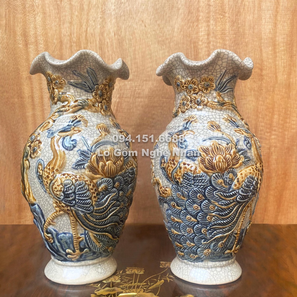 Lọ Hoa Thờ Cúng Họa Tiết Chim Công Hoa Đào - Tài Lộc Phú Quý 26cm, 32cm- Men Rạn Gốm Sứ Bát Tràng