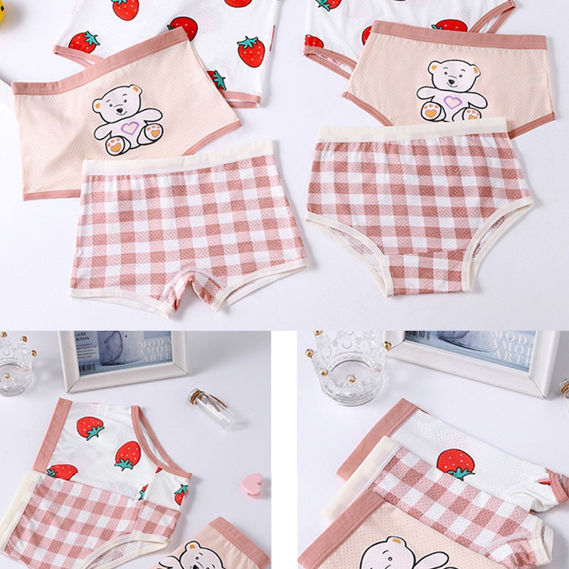 3 quần lót boxer bằng vải cotton có in hoạt hình gấu thỏ dễ thương dành cho bé gái