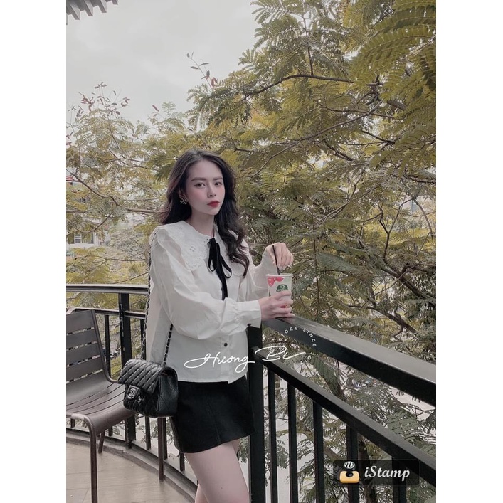 ÁO SƠ MI TRẮNG NƠ ĐEN cổ sen phối ren tay bồng dáng thụng tiểu thư cá tính bánh bèo công sở đi làm đi học