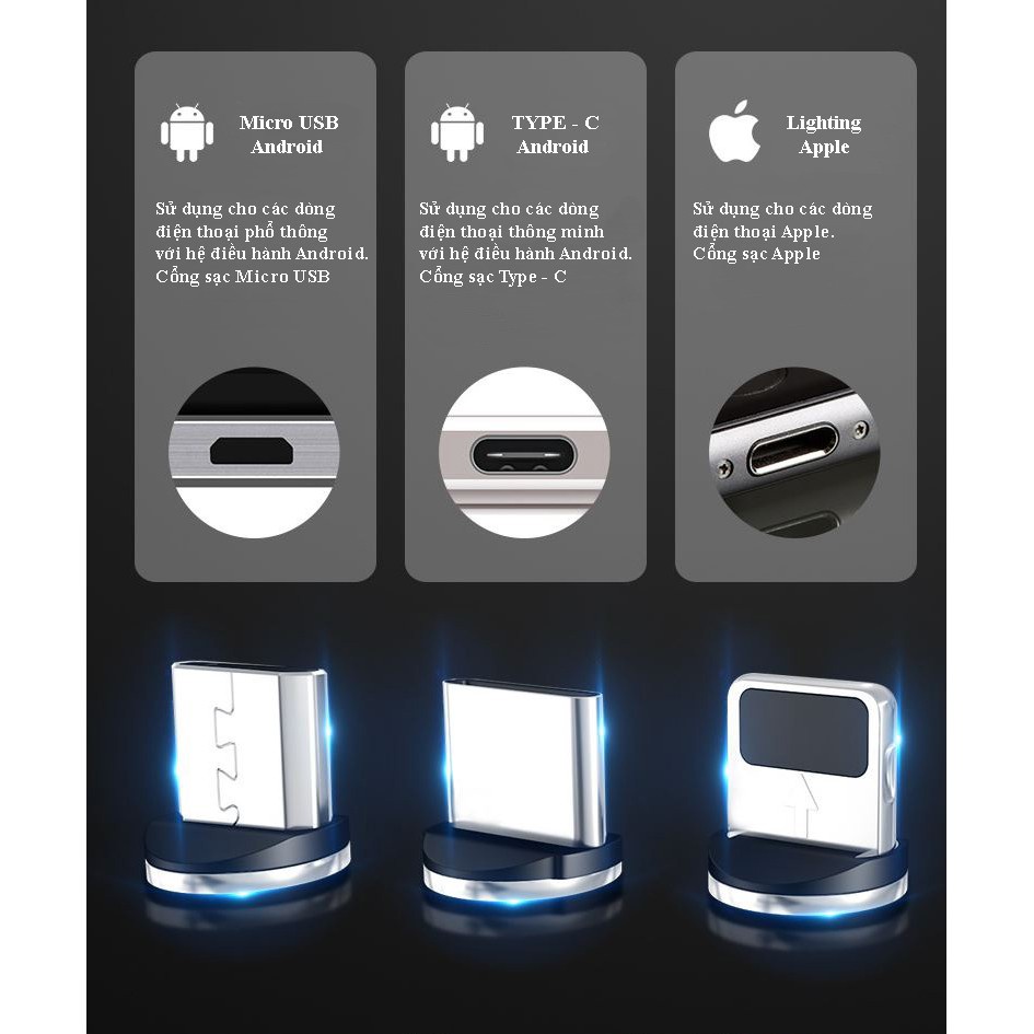 Cáp sạc từ hút nam châm đầu IP- micro USB-Type C-Dây dù-xoay 360 độ