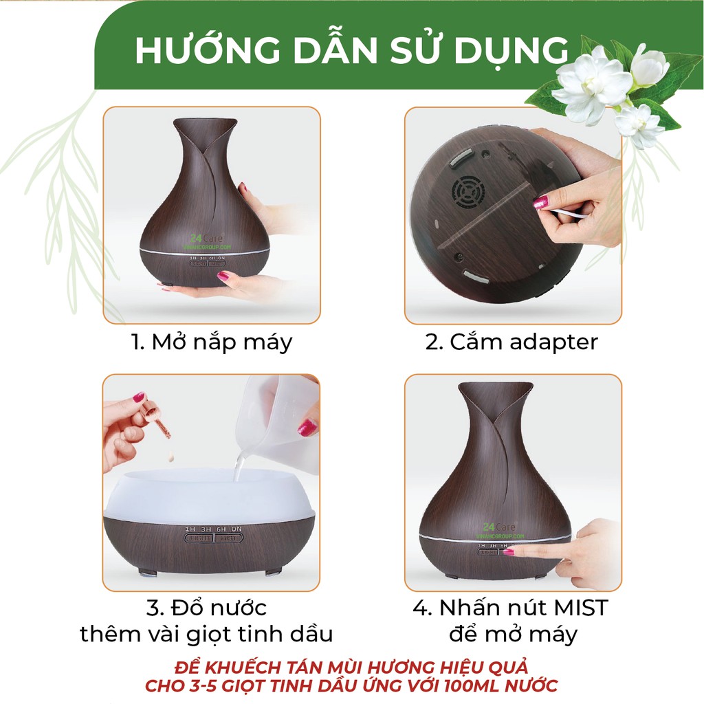Máy khuếch tán tinh dầu 24care hình Tulip màu đen dung tích 500ml có đèn 7 màu thay thế đèn ngủ