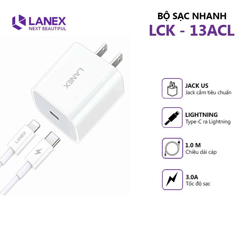 Bộ sạc nhanh LANEX LCK-13ACL Lightning (01 cổng Type-c ra Lightning, 20w, 1m) SẠC NHANH Q.C 20 W 3.0 BH 12 tháng