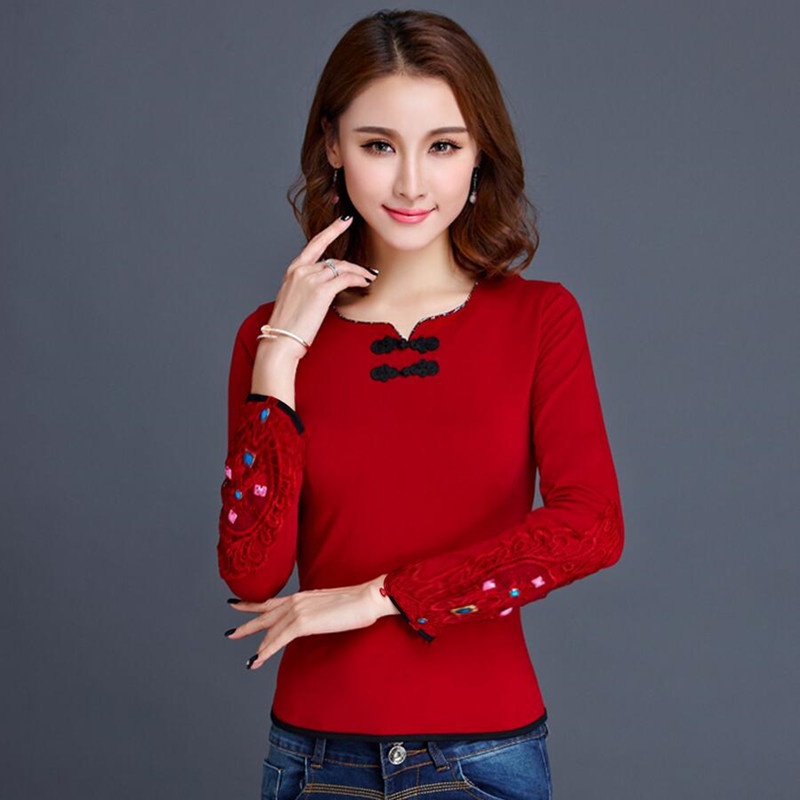 20222022Áo Thun Cotton Tay Dài Cổ Chữ V Thêu Họa Tiết Mẫu Mới Thời Trang Xuân Thu Cho Nữ