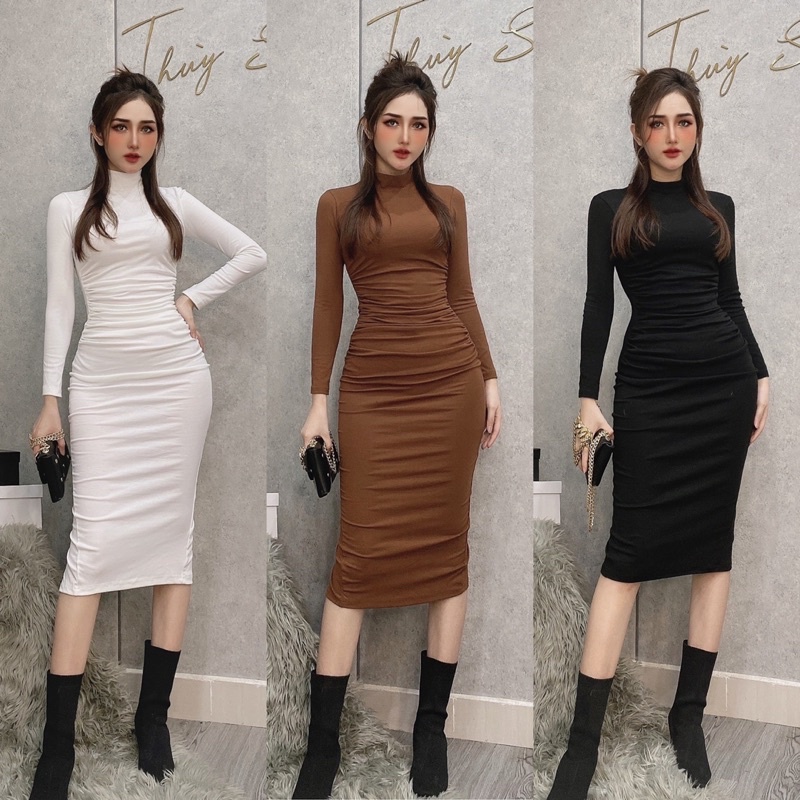 Váy thun zip cổ cao rúm thân ( tôn dáng) màu dễ mặc