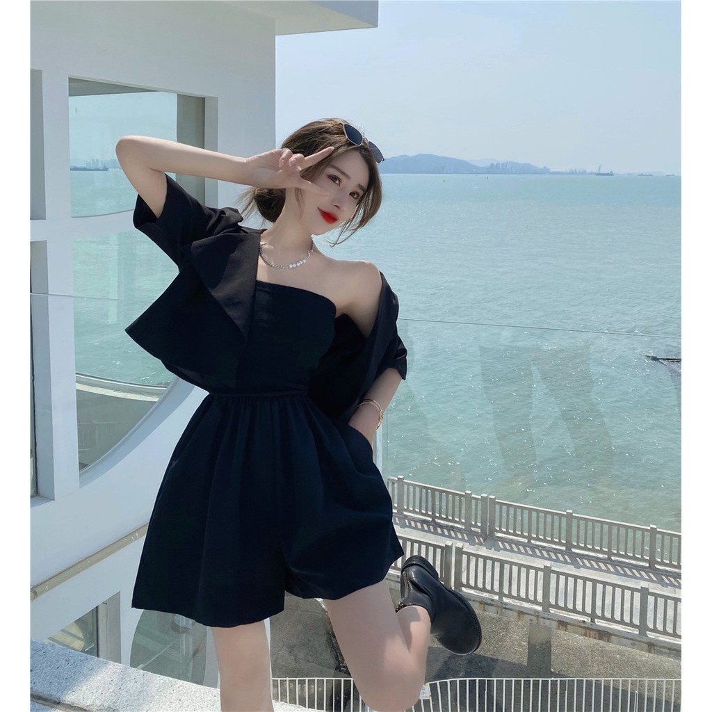 Bộ Jumpsuit Nữ Quần Cộc Áo Vest Đũi 🦋 Set Trang Phục Nữ Quần Ngắn Áo Quây Kèm Áo Vest Khoác Ngoài 🦋 Jumpsuit Trơn Trắng