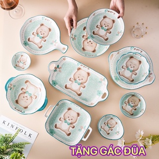 Bộ Chén Dĩa Sứ🎁TẶNG GÁC ĐŨA🎁Bát Ăn Cơm Đĩa Sứ Dễ Thương Cute Bát Đĩa Gấu xanh Decor Cao Cấp(set 8 sản phẩm)
