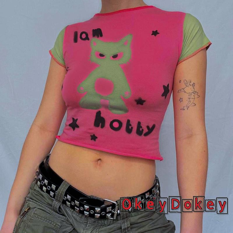 Áo Croptop Ngắn Tay In Họa Tiết Hoạt Hình Phong Cách Harajuku Cổ Điển Thời Trang Mùa Hè Cho Nữ