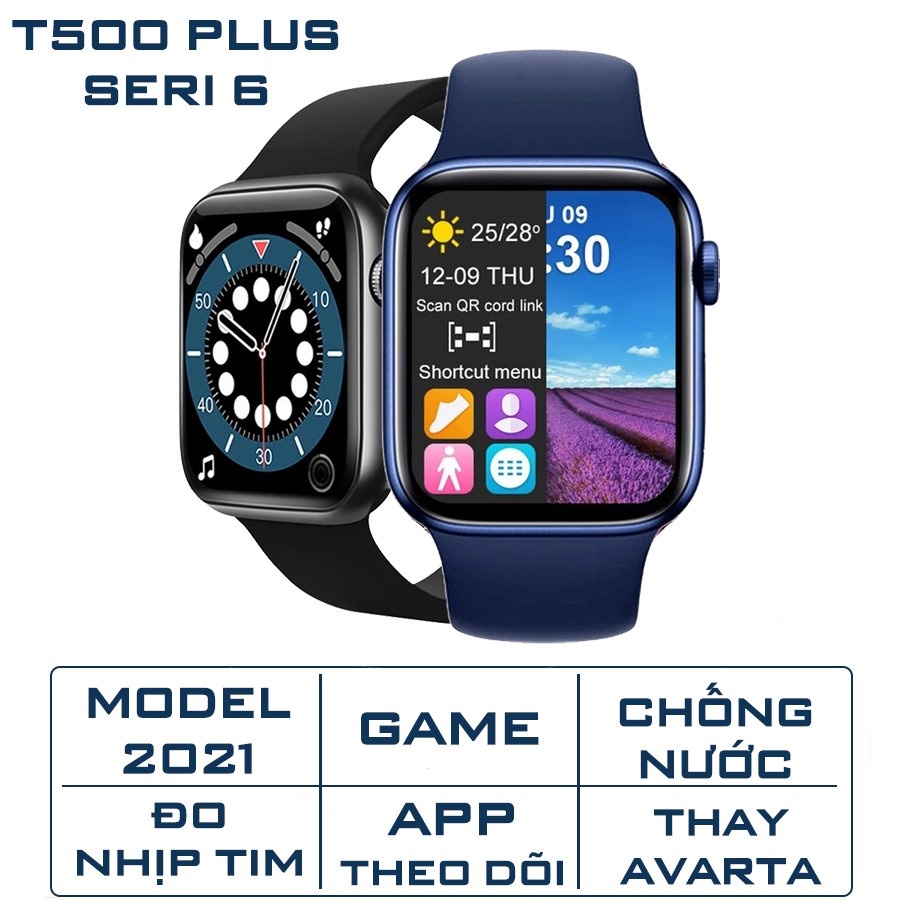 Đồng hồ thông minh T500 Plus Seri 6 thay được hình nền Kết nối Bluetooth có tiếng Việt kích thước 44mm đo nhịp tim
