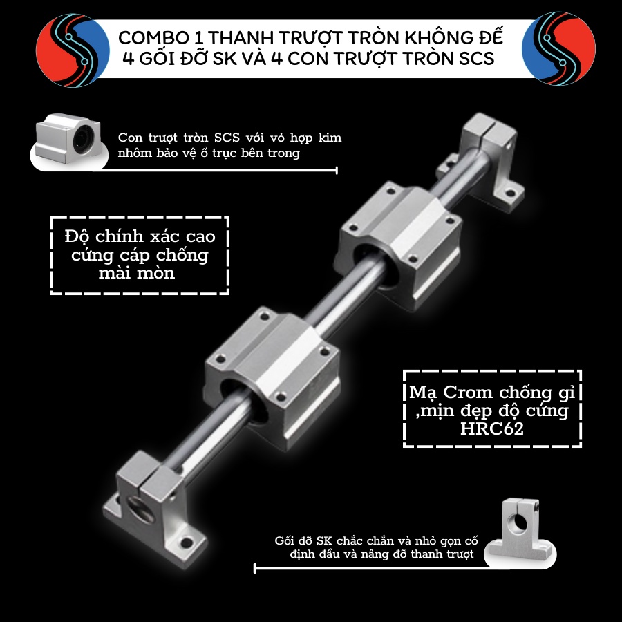 Combo Thanh Ray trượt tròn không đế phi 16 dài 1.5m + 4 con trượt SCS16UU và 4 gối đỡ SK16
