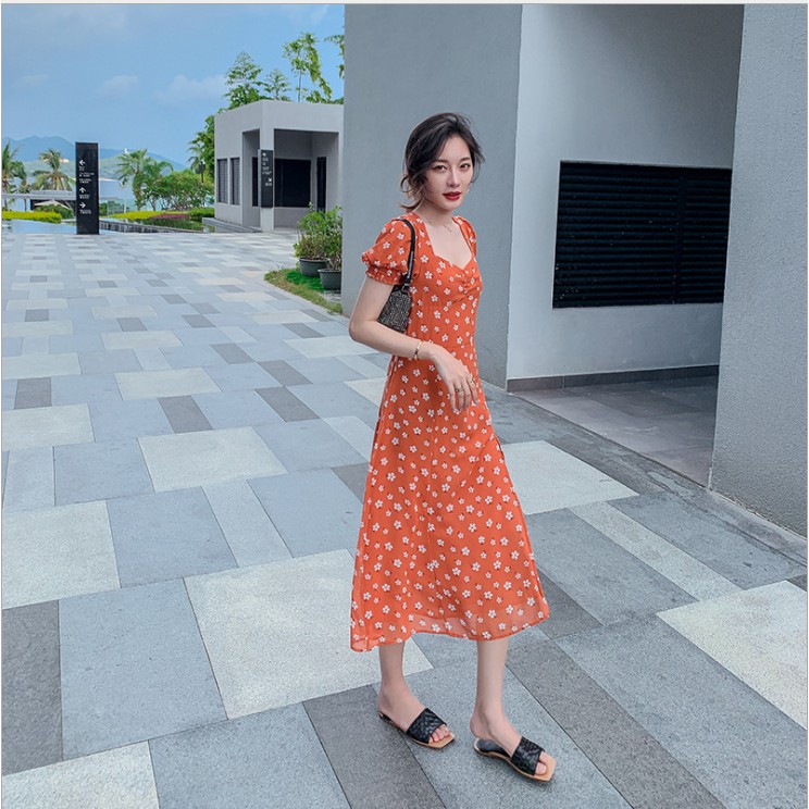 Váy xinh🌸FREESHIP🌸Váy hoa nhí cam dáng dài xẻ tà trẻ trung | BigBuy360 - bigbuy360.vn